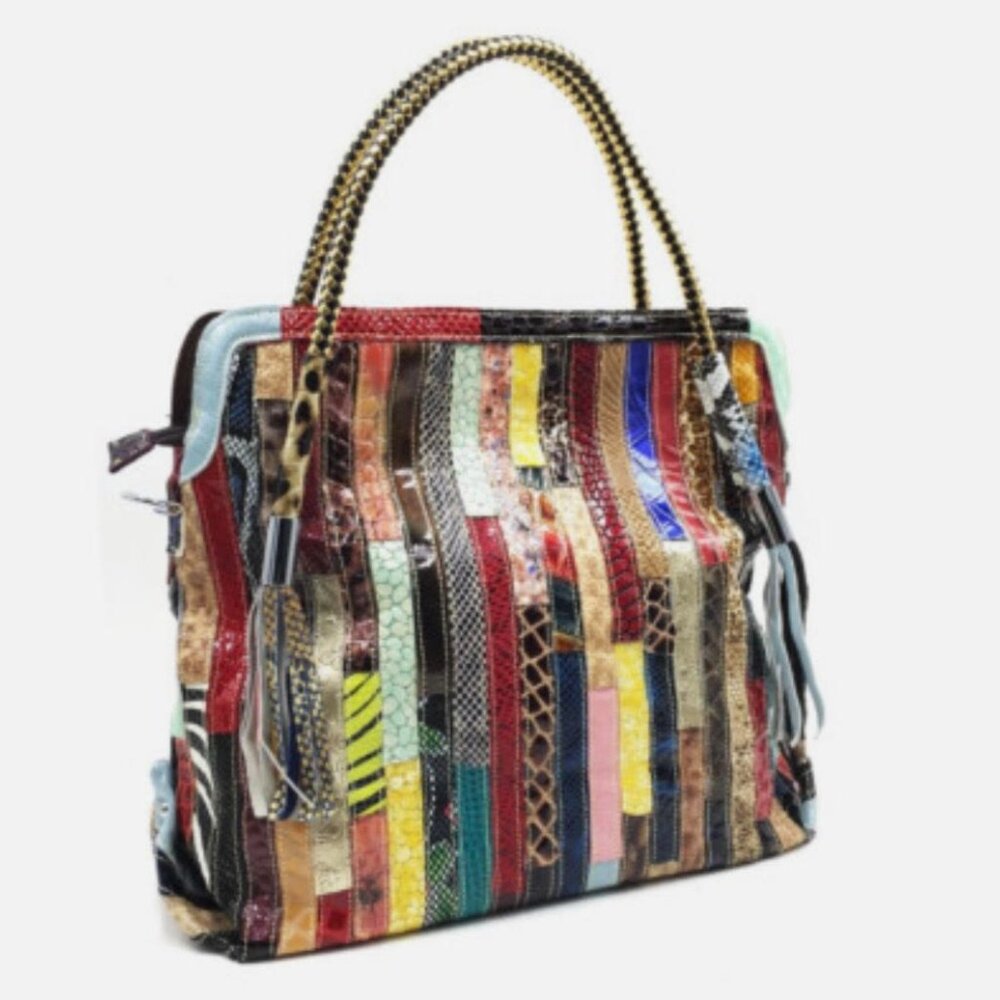 Caerlif Multicolored Snake-Embossed Stripes Real Leather Tote